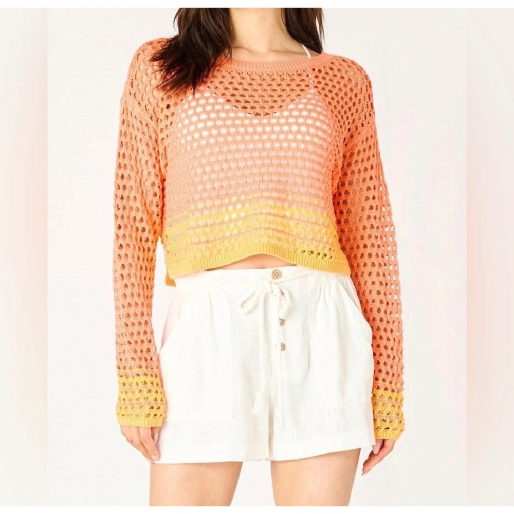 Aerie Women Crochet Coastal Boho Open Knit Cropped Sweater Small Beachy Festival
